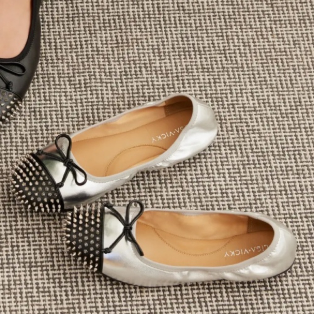 Lisa Vicky Bliss 2 Metallic Silver Black Studded Ballet Flat Slip Ons